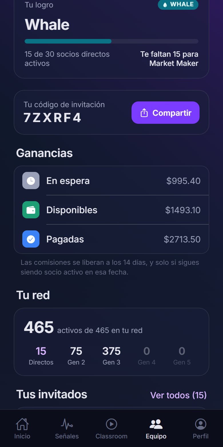 Pantalla de la app: tu equipo, tu rango Whale y tus ganancias por referidos
